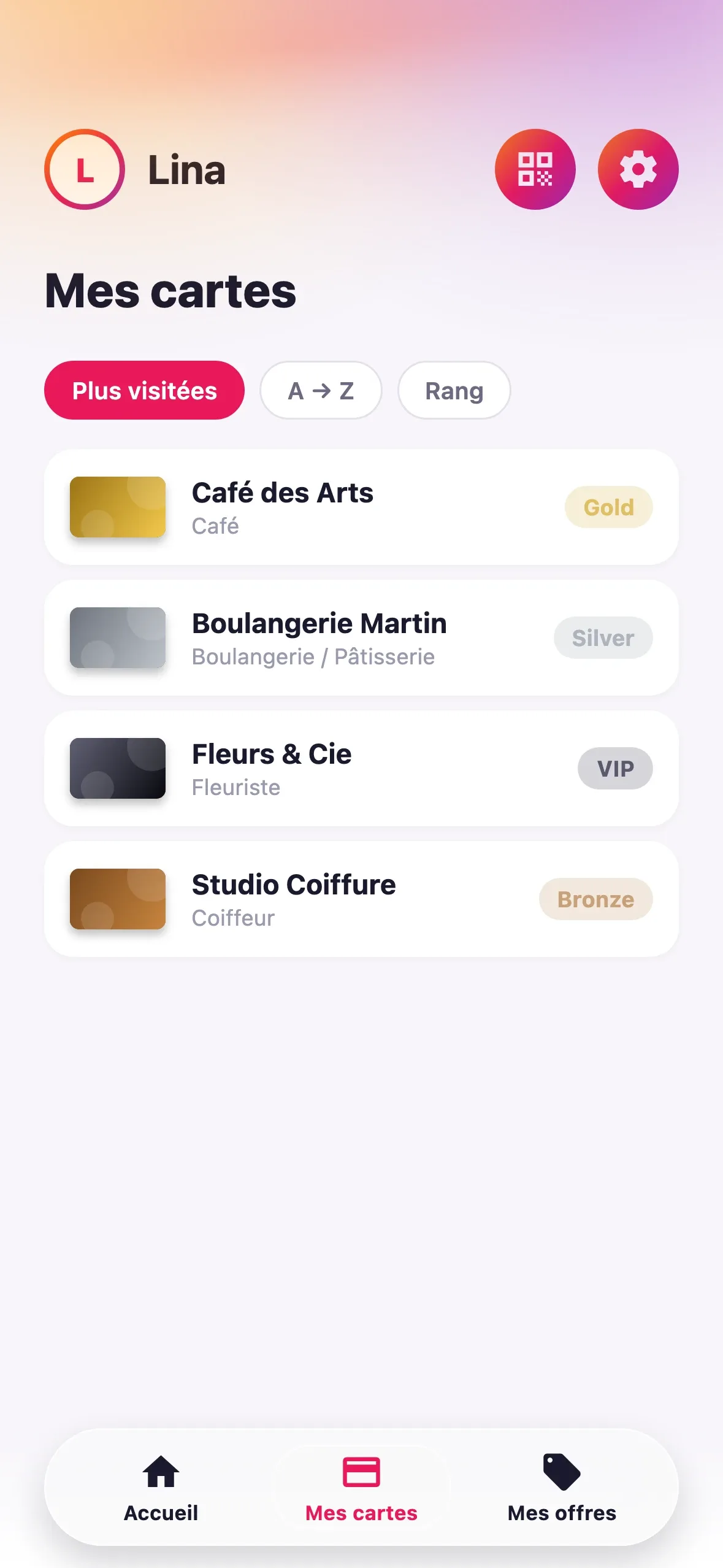 Onglet « Mes cartes » de l'app Fidelly