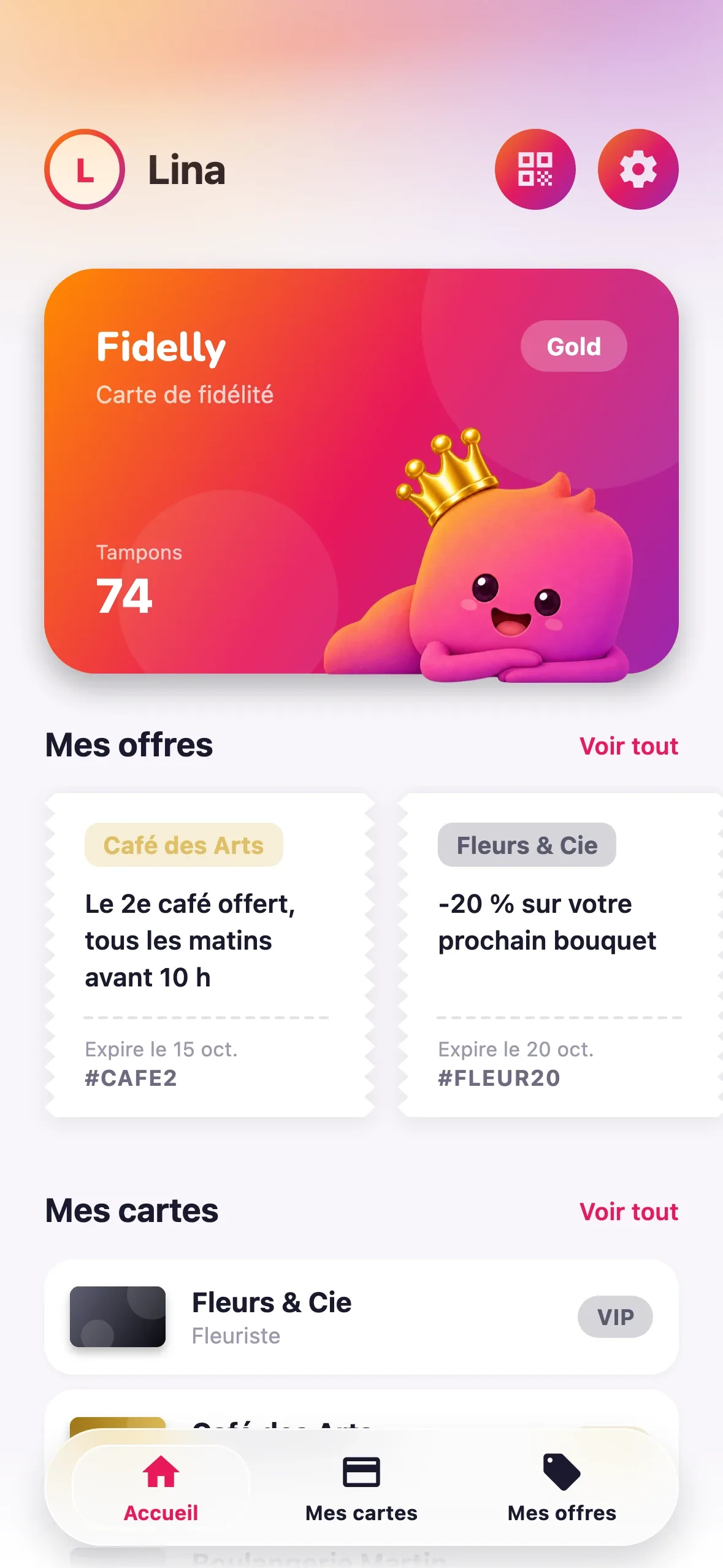 Accueil de l'app Fidelly : la carte Fidelly, les offres et les cartes de l'utilisateur
