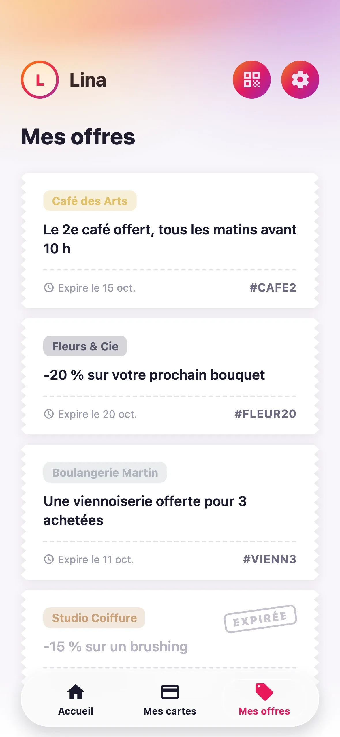Onglet « Mes offres » de l'app Fidelly, avec des offres en forme de tickets