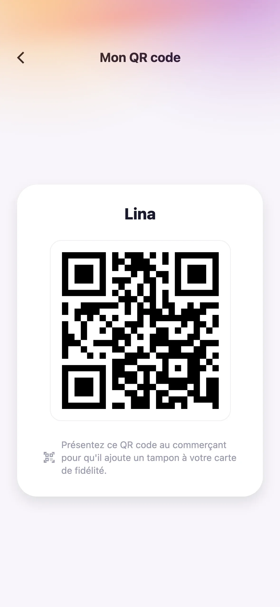Écran « Mon QR code » de l'app Fidelly