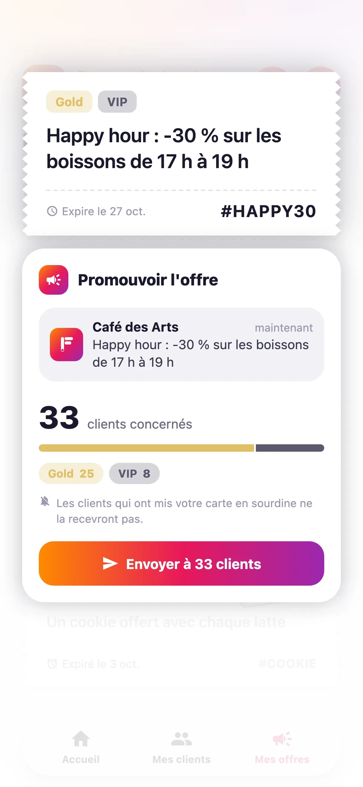 Promotion d'une offre : aperçu de la notification et clients concernés